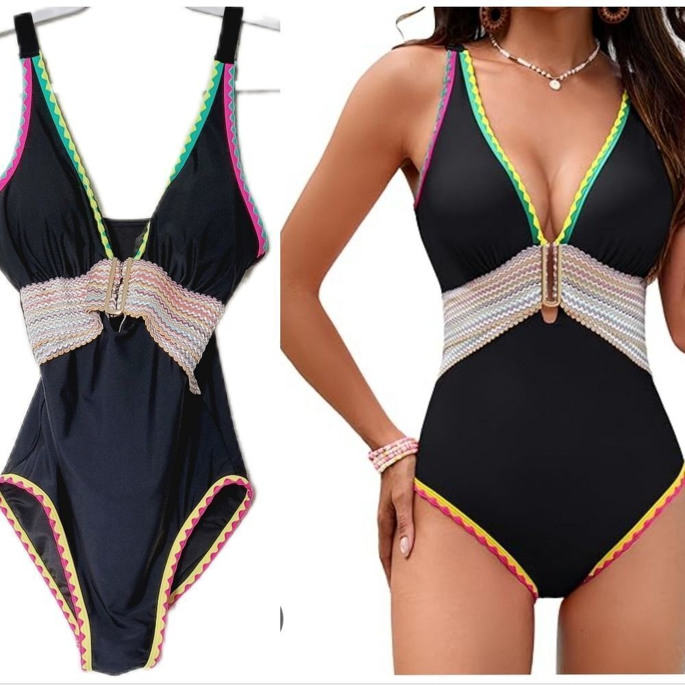 Swim Solutions Black One Piece with Neon Trim Sz M